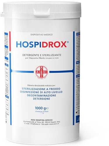AIESI® Sterilizzante a freddo in polvere per ferri chirurgici dispositivi medici strumenti estetica acido peracetico 1 Kg HOSPIDROX, Detergente, Decontaminante, Tempo di contatto 10 minuti