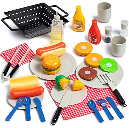 27 PCS Kids BBQ Grill Playset Backyard Barbecue Play Grill Toy Set for Toddlers, Play Food Sets for Kids Kitchen