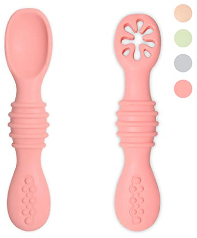 VegMai® PreLöffel Babys. BLW-Lernlöffel, Phase 1 + Phase 2. Empfohlen von Ernährungswissenschaftlern und Experten für Baby-led Weaning. Antibakterielle und ergonomische Silberwaren aus Silikon (ROSA)