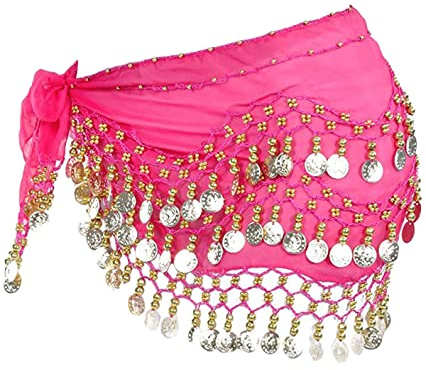 SamHeng Damen Bauchtanz Gürtel Chiffon Hüfttuch mit 128 Münzen für Mädchen Frau für Performance Kostüm und Yoga Kurs