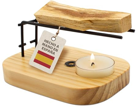 Quemador de Palo Santo SYS Aromas Hecho a Mano en España | Incensario de Madera con Soporte de Metal Negro | Incienso Stick y Cono | Yoga, Meditación y Decoración del Hogar | Artesanal