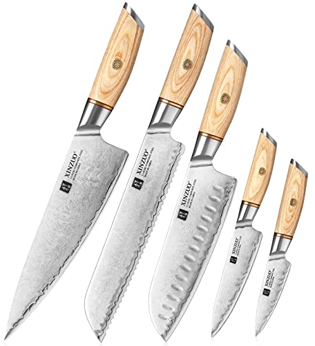 XINZUO Küchenmesser Set 5er Verbundstahl Chefmesser Set, Kochmesser Set 3 Schichten Verbundstahl 10Cr15CoMoV Stahlkern, Profi Scharf Japanisches Messerset -mit Pakkaholz Griff