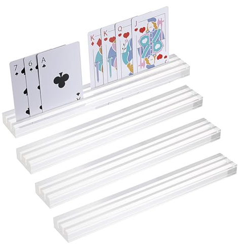 OwnMy Set of 4 Acrylic Playing Card Holders with Dual Grooves, 9.8 Length x 1.4 Width Clear Playing Card Decks Card Stands with 2 Slots, Acrylic Game Card Racks Organizer Accessories for Seniors