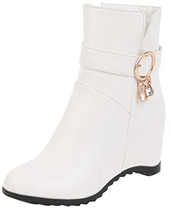 pitashe stivali da donna con tacco stivali invernali stivaletti moda tinta unita strass decorativi fibbia della cintura zeppa cerniera laterale stivali scarpe senza lacci donna, bianco, 40 EU