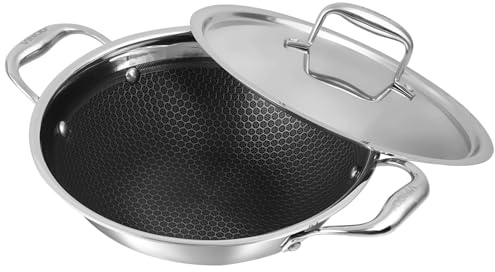 Vinod Platinum SAS Pro Triply Stainless Steel Extra Deep Kadai with Lid, 3.7L, 26cm | Hybrid Non-Stick Hexa Wok | Induction Compatible | Sturdy Handles | Deep Frying & Curry Pan - Silver