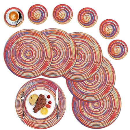 SHACOS Round Placemats and Coasters Set of 6, Round Braided Woven Place Mats Washable Red Table Mats and Coasters Sets Heat Resistant Table Mats for Kitchen Dining Table Home Restaurant
