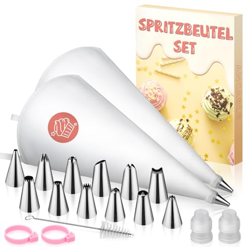 Ancable Spritzbeutel Set mit 2 Stück 40cm Baumwoll-Spritzbeutel Innenbeschichtung, 12 Edelstahl Spritztüllen und 2 Adaptern, Für Dekoration auf Torten, Kuchen und Keksen