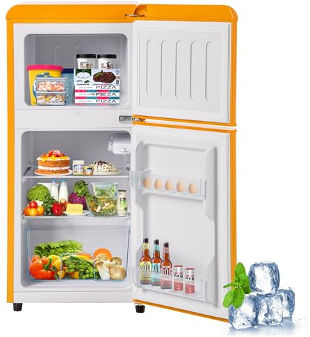 Merax Retro-Kühlschrank Gefrierkombination: Zweittürig, 86,8 cm hoch, 45,5 cm breit, 60 Liter Gesamtvolumen,Gelb