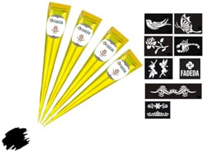 4 coni di henné FADEDA | 4 x 25 g pasta naturale | nero | 8 diversi stencil | 100% vegetale | pronto all'uso e senza PPD