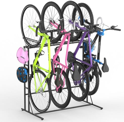 YBING Freestanding Bike Rrack Garage - 4 Bikes Vertical Bike Storage Stand, Floor Stand Bike Racks for Home and Garage Organizer, Indoor, Outdoor
