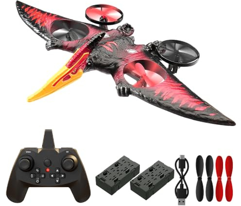 Pterodactyl - Drone dinosaure pour enfants - Facile à piloter - Dragon - Avion télécommandé - Cadeaux d'anniversaire pour garçons - Loisirs - Avion télécommandé (rouge)