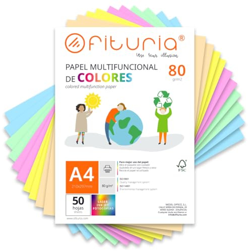 OFITURIA Papier Couleur A4 80g, 50 Feuilles - Loisirs Créatifs, Imprimante, Origami, Scrapbooking, École (Assortiment Pastel, 50h)