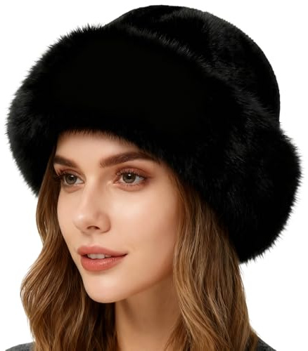 Copbopwn Flauschiger Bucket Hat Pelzmützen für Damen Winter Warmer Pelz Bucket Hat Dicker Plüsch Kunstpelzhut Flauschige Mütze Damen Wintermützen für Damen Ladies Pelzmützen für Damen, Schwarz