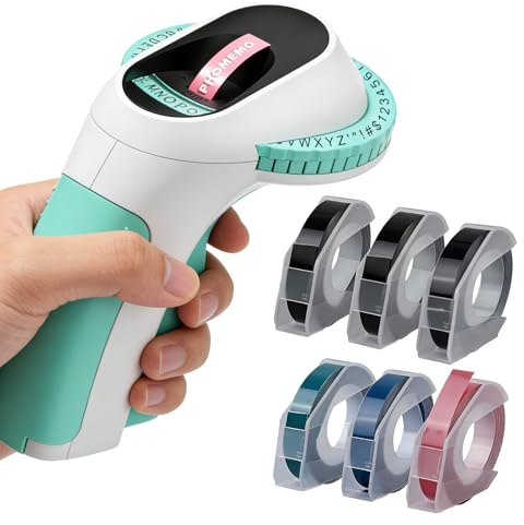 E975 märkningsenhet, 3D-präglingsmaskin E975, bärbar etikettpräglingsmaskin med 6 rullar präglingsetiketter, gör-det-själv-etikettskrivare med (£ € Ä Ö Ü) för hem skola (grön)