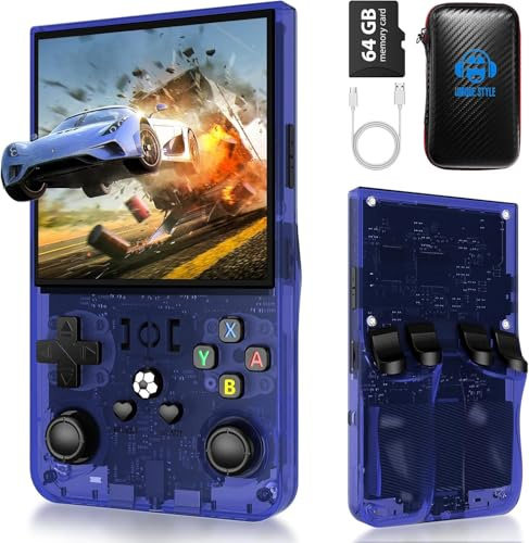 R36 Max Retro Gaming Console, Retro Handheld Console 4.0'' Screen Linux System, 64G TF Card, 4000mAh Rechargeable Portable Pocket Arcade, Transparent Blue