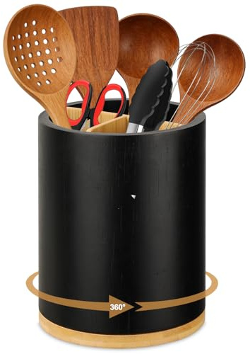 BEZORR Wood Utensil Holder,7.3 Extra Large Utensil Crock,360° Rotating Waterproof Cooking Tool Organizer Decor for Kitchen Cooking Utensils Set, Cutlery Caddy, Spoons & Spatulas -Black