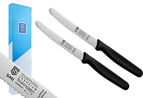 SMI - 2 Stück Tomatenmesser Tischmesser Solingen Küchenmesser Wellenschliff Frühstücksmesser Brötchenmesser Gemüsemesser Obstmesser Farbe Schwarz Made in Solingen Germany