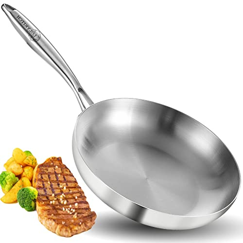 LOLYKITCH 9.5 Inch Tri-Ply Stainless Steel Frying Pan,Skillet,Induction Cooking Pan,Dishwasher and Oven Safe,Detachable Handle.