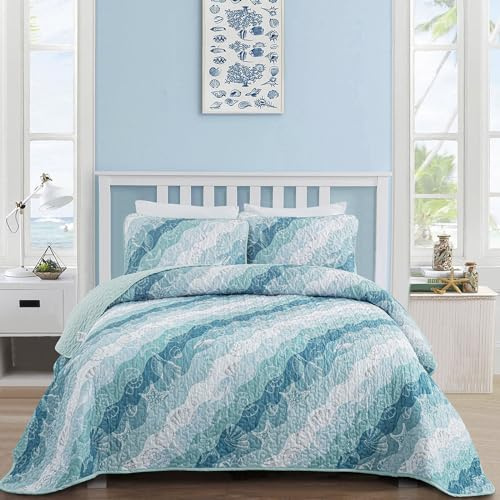 Dinjoy Summer Coastal Quilt Set King Size, Blue Green Ocean Beach Themed Bedding Set Seawave Seashell Conch Starfish Microfiber Lightweight Bedspread Coverlet Bed Set All Season (104x90 Inch)