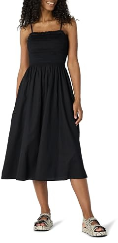 Amazon Essentials Abito con Corpetto Ricamato a Punto Smock in Raso di Cotone, vestibilità Classica Donna, Nero, S