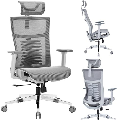 Nyxi Office Chair Premium Ergonomic Mesh Seat for Work, Computer Desk and Study Chair, Executive, 3D Armrests, Headrest & Lumbar Support, 3-Angle Locking, Metal Base (Mesh Seat, Grey, Model 829)