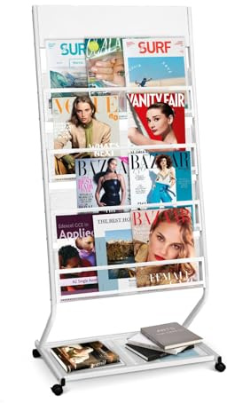 SUNDOY - Portabrochure e porta giornali da terra, espositore inclinato per libri, supporto per scorrimento di letteratura per brochure e riviste con 4 ripiani (Bianco, 4 strati, 59,5 cm di larghezza)
