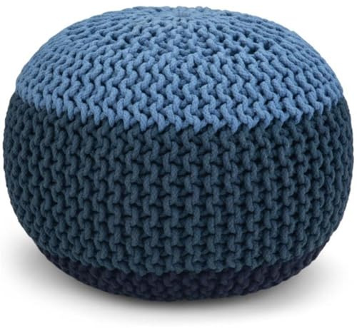 BOWERY HILL Boho Round Hand Knit Pouf, 14 H x 20.1 W, Cotton in Blue and Navy Blue, Lightweight Versatile Ottoman, Accent Furniture for Living Room, Family Room, Bedroom or Kids Room