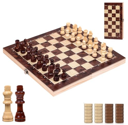 3-in-1 Wooden Chess Set – Backgammon & Draughts Board Games, Classic Family Strategy Game for Adults & Kids, Foldable Travel Board