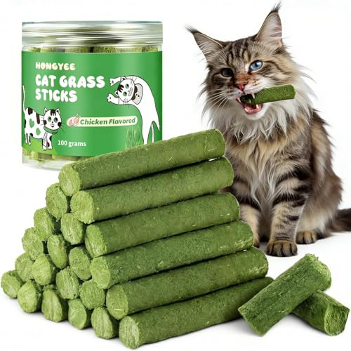 20pcs Bâton d'herbe à Chat (100g), Snack Lyophilisé, pour Les Soins Dentaires du Chat et l'élimination des Boules de Poils, Protège Le Système Gastro-Intestinal