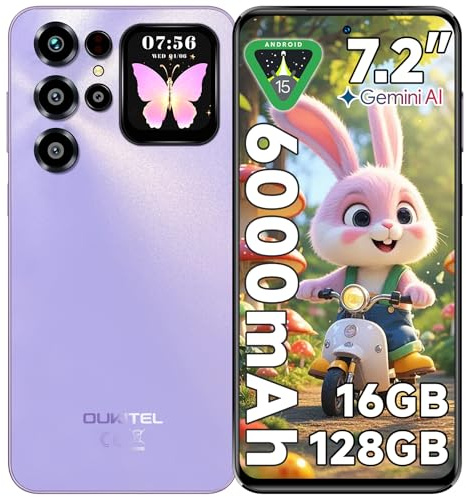 OUKITEL C68 Plus Handy ohne Vertrag - 7,2 120Hz Display mit 1,81 Rückbildschirm, 6000mAh 64MP+8MP Handy, 16GB+128GB/1TB Smartphone ohne Vertrag, Android 15 Simlockfreie Handys Dual SIM/BT5.0/Violett