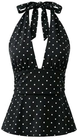 Camiseta de tirantes para mujer, sin mangas, cuello halter, espalda descubierta, con lunares y volantes