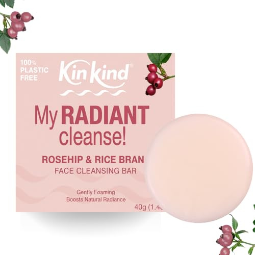 KinKind My Radiant CLEANSE! Facial Cleanser Bar. Gentle Cleanser with Rosehip Seed Oil & Rice Bran Oil. Soap-Free, Non-Drying Face Wash Women for Sensitive Skin. Best Facial Cleansers to Brighten
