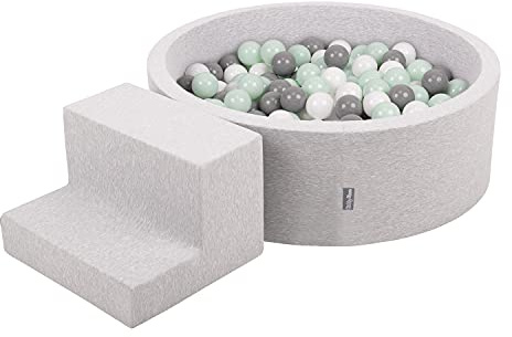 KiddyMoon Skumlekplats för barn med runt bollhav (200 bollar). Hinderbana, ljusgrå: vit / grå / mint