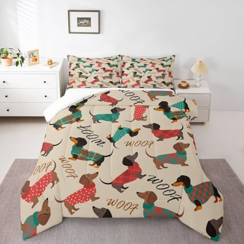 Cute Dog Comforter Set,Colorful Dog Print Bedding Set for Kids Boys Girls Toddler,Cartoon Dachshund Puppy Down Comforter Full Size,Dog Animal Quilted Duvet with 2 Pillowcases Bedroom Decor