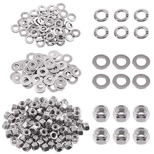 Swpeet 150 Stück SAE 304 Edelstahl 1/4-Zoll-20 Sechskant-Kontermuttern und 6,35 mm flache Unterlegscheiben mit #1/4 Split Lock Unterlegscheiben Sortiment Kit, Sechskant-Kontermutter für Zuhause