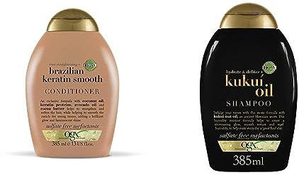 OGX Brazilian Keratin Smooth Conditioner for Dry Hair, 385ml & Kukui Oil Shampoo for Frizzy Hair, 385ml