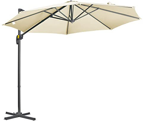 Outsunny Sombrilla de Jardín Ø300x250 cm Parasol Excéntrico de Aluminio con Manivela Toldo Inclinable Giratorio 360° con Pedal y Base Cruzada Crema