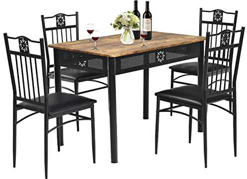 COSTWAY 5 teiliges Esstisch-Set, Essgruppe mit 4 gepolsterten Stühlen, Küchentisch Bistrotisch Esszimmergruppe Sitzgruppe 4 Personen Holz für Küche, Esszimmer (Black)