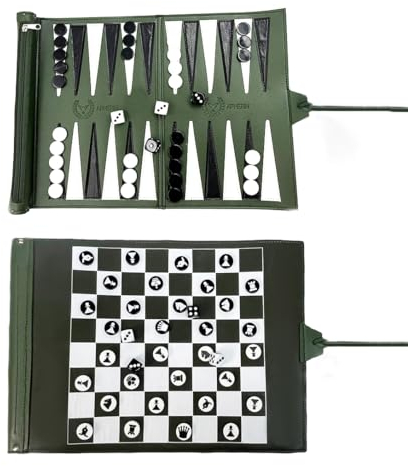 Apherin 3-in-1 Reise Backgammon, Schach, Dame - Doppelseitiges Teile-Design für Schach - Für 2 Spieler ab 6 Jahren