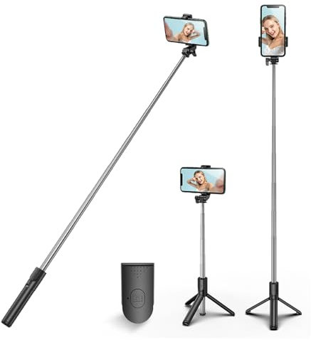 HCTian Trípode de palo para selfie, 3 en 1, extensible, rotación de 360°, soporte de trípode con control remoto inalámbrico desmontable, soporte portátil para teléfono móvil compatible con iPhone,