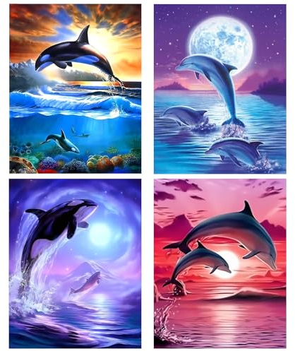 KiKiHong 4 Stück Diamond Painting Erwachsene Kits,Diamond Painting Delfin,Diamond Art Painting Kit für Wohnzimmer Schlafzimmer Wand Dekoration(30 x 40 cm)