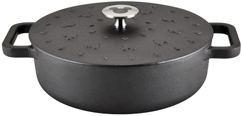 Farberware Disney Monochrome Pre Seasoned Cast Iron Shallow Casserole Pan with Lid, 3 Quart - Black