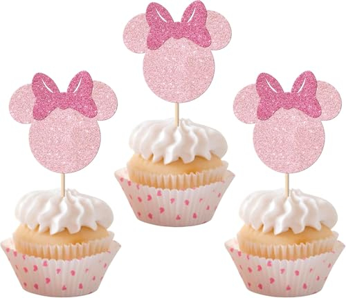 36 Stück Maus Inspiriert Tortendeko Glitzer Maus Cupcake Toppers mit Fliege für Baby Dusche Kinder Geburtstag Party Kuchen Dekorationen Rosa
