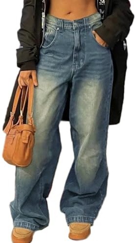 ticticlily Pantaloni Donna Larghi Jeans Baggy Pantalone Vita Alta Wide Leg Pantaloni Gamba Dritti con Tasche Y2K Casuale Denim Pants A3 Blu Scuro S