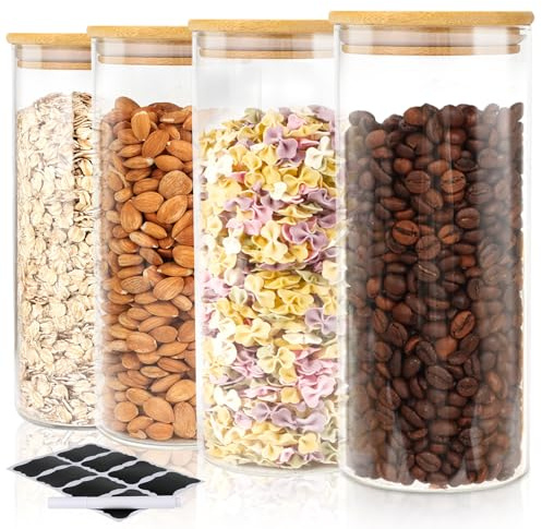 FoiiLiio 1000ml Tarros de Cristal Hermético Juego de 4 Botes de Cristal con Tapa de Bambu, para Cereales Judías Avena - Φ8.5x20cm