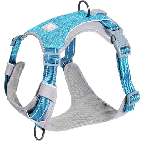 Huntboo Anti Zug Hundegeschirr für kleine mittelgroße Grosse Hunde, No Pull Geschirr, reflektierende Sicherheitsgeschirr mit 2 Leinenclips, kein Würgen, verstellbar für Training und Laufen(Blau,S)