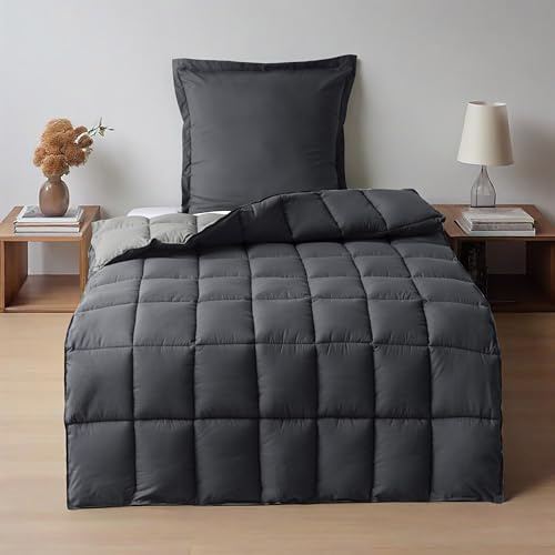 HIG 2 pièces Couette 140x200 cm pour lit 1 Personne – 250GSM Microfibre Douce Couette Réversible avec 1 Taie d'oreiller 65x65 cm – Certifié Oeko-TEX Matelassée pour Les 4 Saisons(Gris)