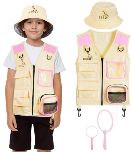 BSBUY Kit Explorador Niños, Disfraz Explorador Niños con Lupa, Sombrero de Cubo y Red para Atrapar Insectos, Chaleco Explorador Niña, Juego de Explorador Regalo para Niños de 3 a 8, Rosa