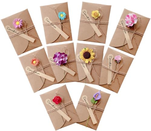 NJCXOLA 10 Pcs Carte de Voeux Fleur Séchée, 10 * 7 cm Carte Merci, Rétro Kraft Vierges Invitation avec Enveloppe, Carte Remerciement, pour Noël, Anniversaire, Saint-Valentin