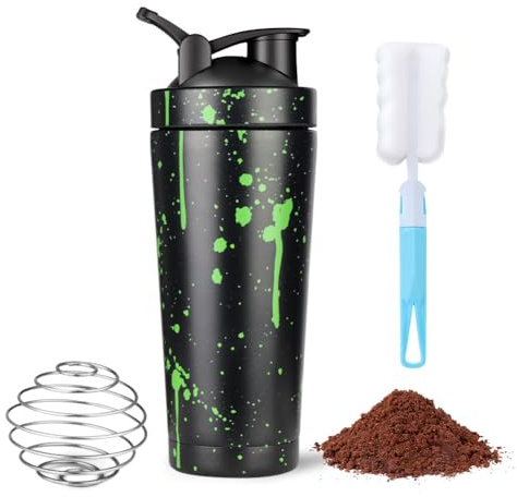 AOOWU Coctelera de Proteína de Acero Inoxidable, 750ml Botella Batidora de Proteínas con Bola Mezcladora, Protein Shaker con Cepillo limpieza, BPA Libre, Coctelera de Proteína Sport Fitness